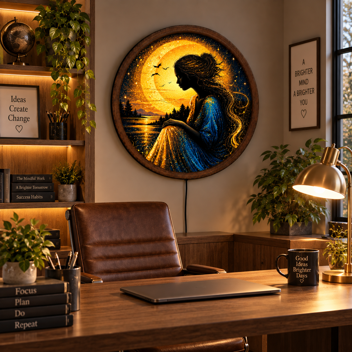 Golden Moon Woman LED Wall Art, Celestial Goddess Lighted Round Decor, Fantasy Moonlit Landscape, Boho Wall Art
