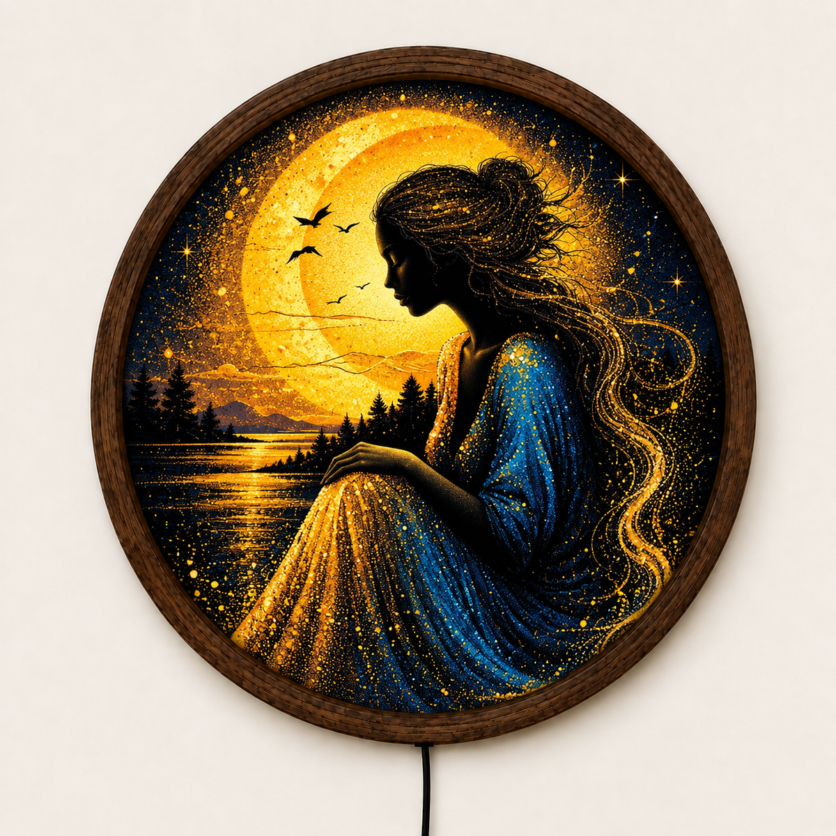 Golden Moon Woman LED Wall Art, Celestial Goddess Lighted Round Decor, Fantasy Moonlit Landscape, Boho Wall Art