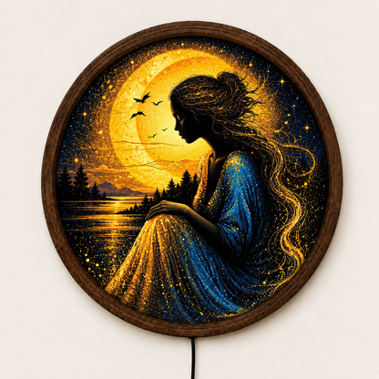 Golden Moon Woman LED Wall Art, Celestial Goddess Lighted Round Decor, Fantasy Moonlit Landscape, Boho Wall Art