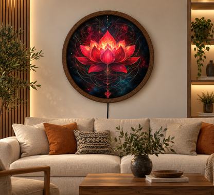 Golden Moon Woman LED Wall Art, Celestial Goddess Lighted Round Decor, Fantasy Moonlit Landscape, Boho Wall Art