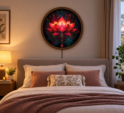 Golden Moon Woman LED Wall Art, Celestial Goddess Lighted Round Decor, Fantasy Moonlit Landscape, Boho Wall Art