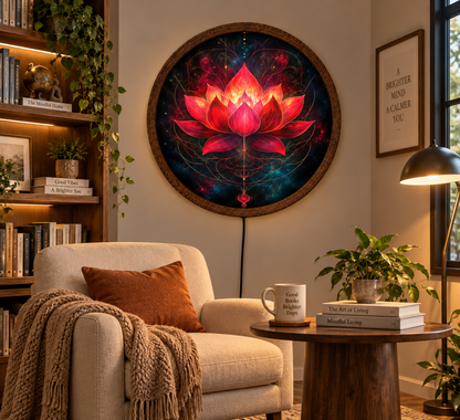 Golden Moon Woman LED Wall Art, Celestial Goddess Lighted Round Decor, Fantasy Moonlit Landscape, Boho Wall Art