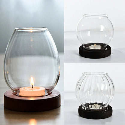 Transparent Round Glass Candlestick, Retro Windproof Candle Holders with Cup Cover for Table Decor, Wedding & Party Accessories