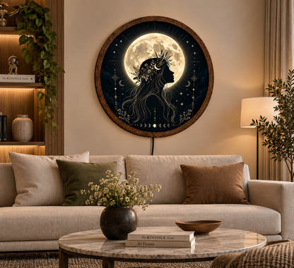 Moon Goddess Wall Art, Celestial Woman Full Moon Decor, Boho Lunar Botanical Art, Mystical Spiritual Wall Decor