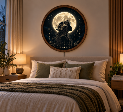 Moon Goddess Wall Art, Celestial Woman Full Moon Decor, Boho Lunar Botanical Art, Mystical Spiritual Wall Decor