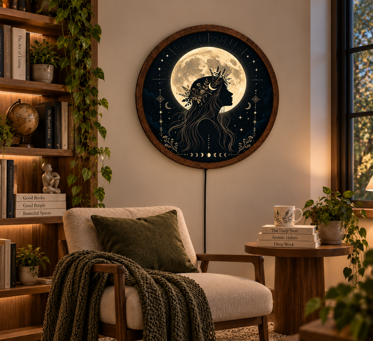 Moon Goddess Wall Art, Celestial Woman Full Moon Decor, Boho Lunar Botanical Art, Mystical Spiritual Wall Decor