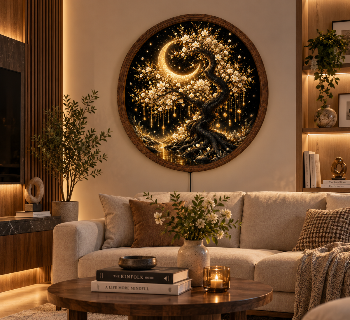 Crescent Moon Tree LED Wall Art, Glowing White Blossom Tree Round Decor, Celestial Botanical Lighted Wall Art