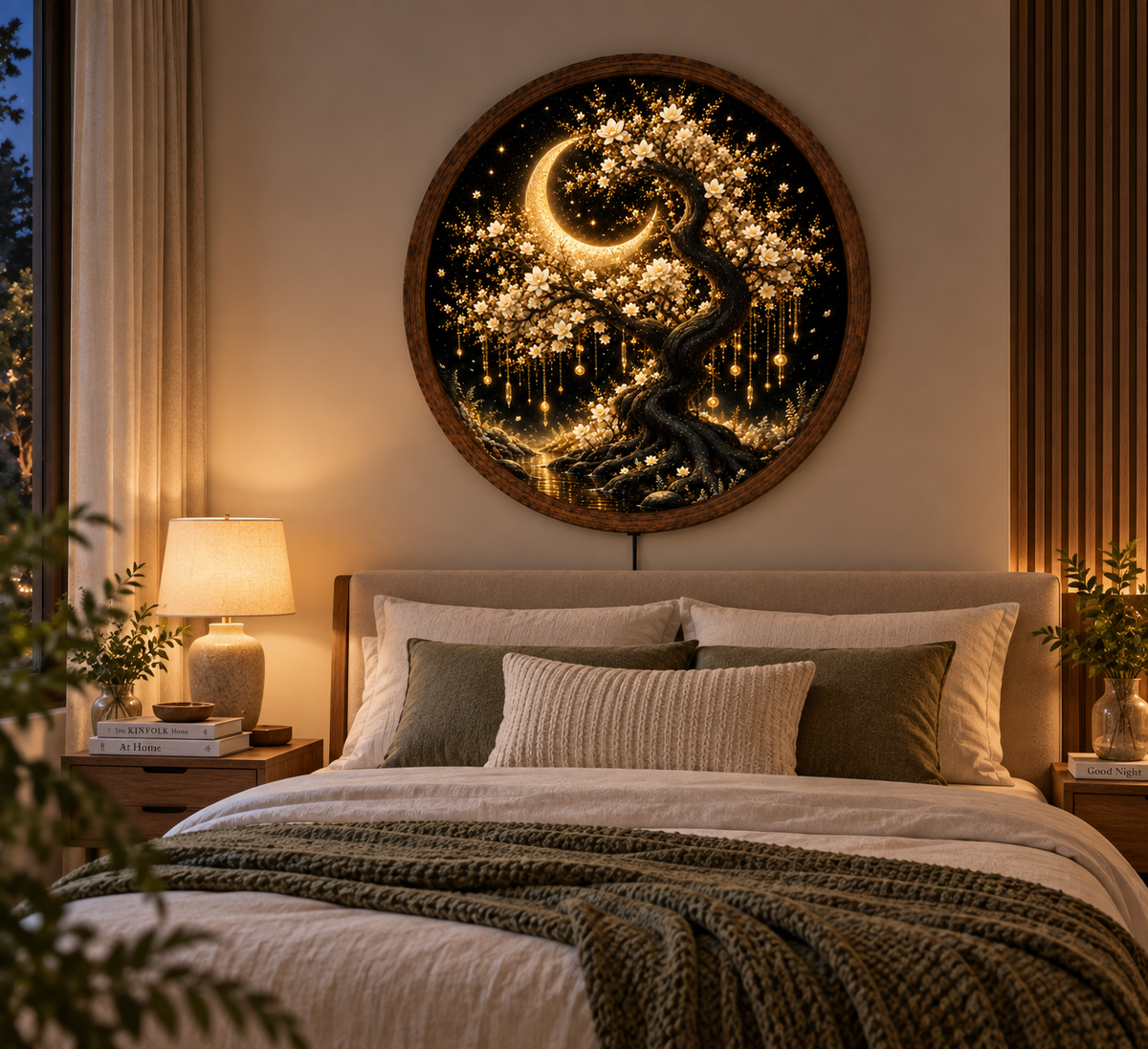 Crescent Moon Tree LED Wall Art, Glowing White Blossom Tree Round Decor, Celestial Botanical Lighted Wall Art