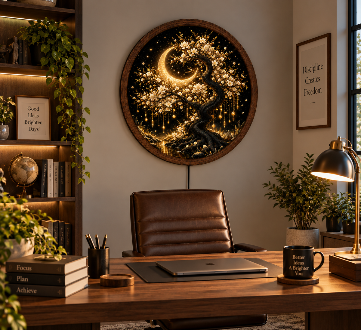 Crescent Moon Tree LED Wall Art, Glowing White Blossom Tree Round Decor, Celestial Botanical Lighted Wall Art