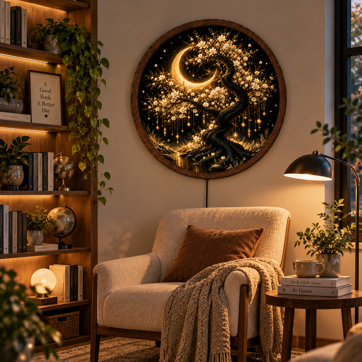 Crescent Moon Tree LED Wall Art, Glowing White Blossom Tree Round Decor, Celestial Botanical Lighted Wall Art