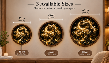 Crescent Moon Tree LED Wall Art, Glowing White Blossom Tree Round Decor, Celestial Botanical Lighted Wall Art