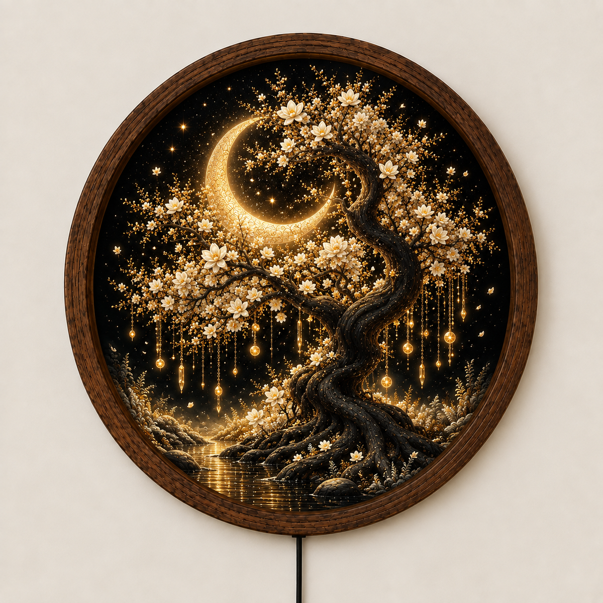 Crescent Moon Tree LED Wall Art, Glowing White Blossom Tree Round Decor, Celestial Botanical Lighted Wall Art