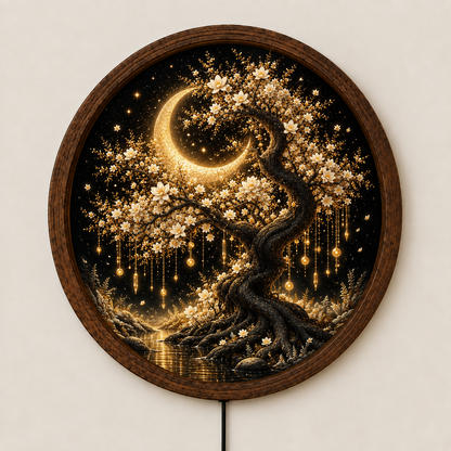 Crescent Moon Tree LED Wall Art, Glowing White Blossom Tree Round Decor, Celestial Botanical Lighted Wall Art