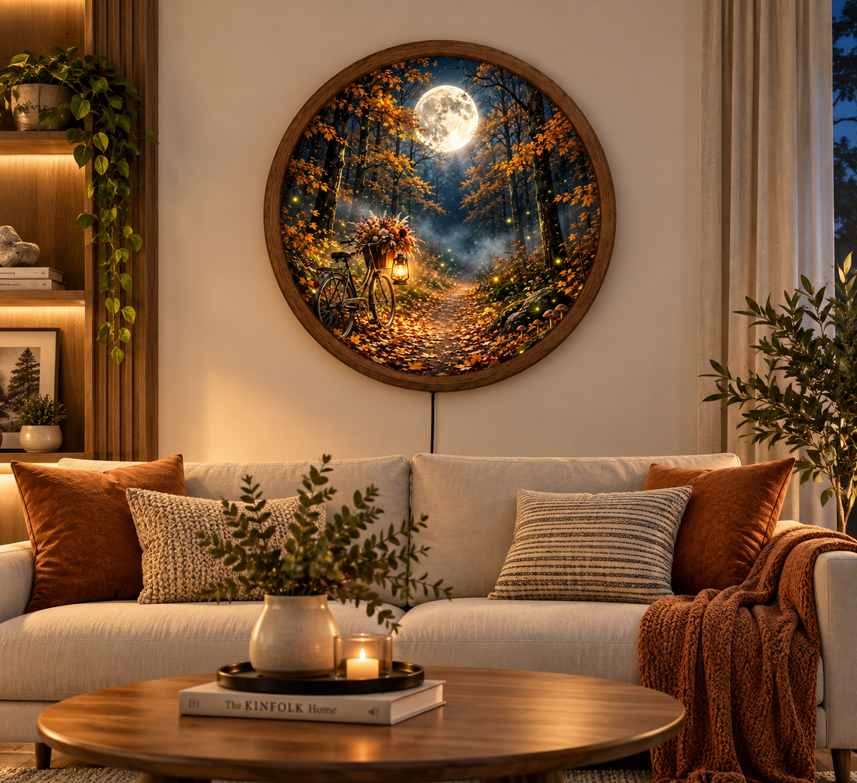 Autumn Forest Moon LED Wall Art, Bicycle Night Scene Round Lighted Wall Decor, Rustic Fall Woodland Home Decor