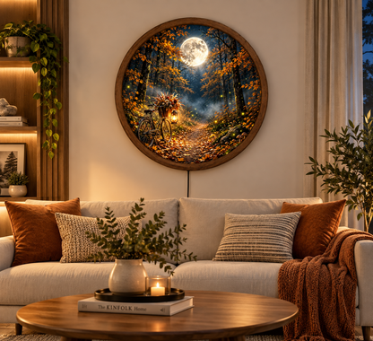 Autumn Forest Moon LED Wall Art, Bicycle Night Scene Round Lighted Wall Decor, Rustic Fall Woodland Home Decor