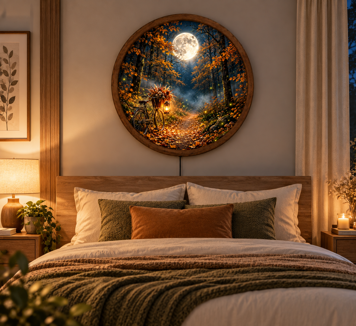 Autumn Forest Moon LED Wall Art, Bicycle Night Scene Round Lighted Wall Decor, Rustic Fall Woodland Home Decor