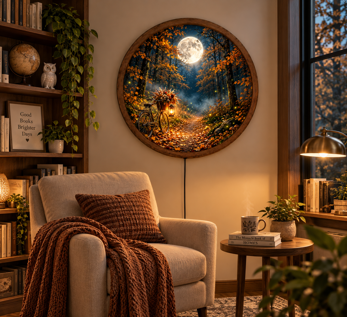 Autumn Forest Moon LED Wall Art, Bicycle Night Scene Round Lighted Wall Decor, Rustic Fall Woodland Home Decor