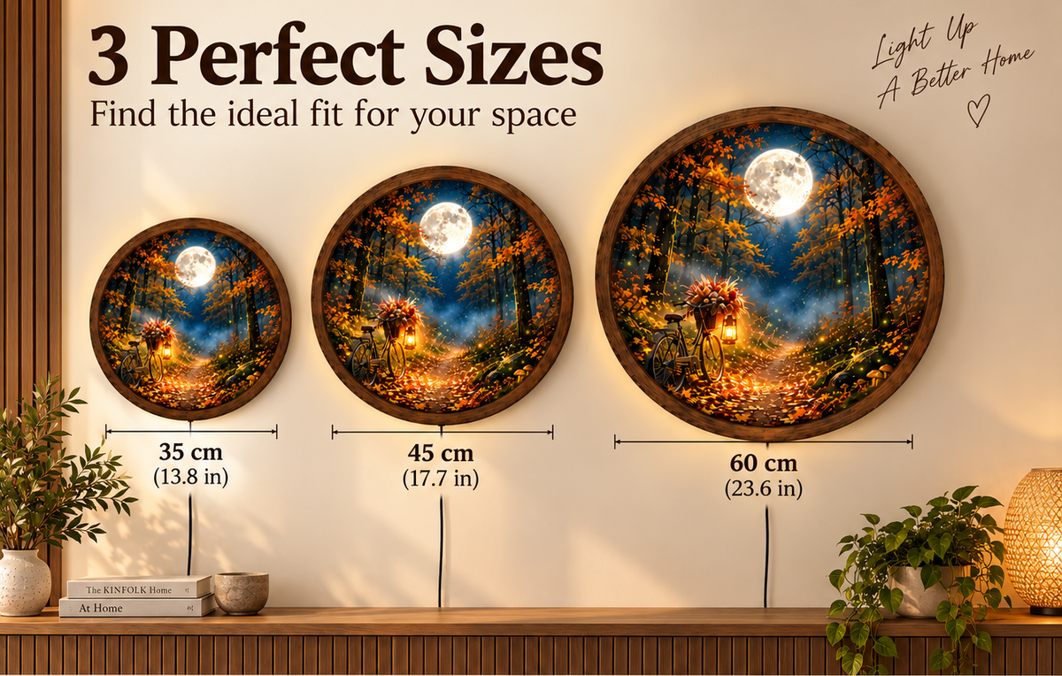 Autumn Forest Moon LED Wall Art, Bicycle Night Scene Round Lighted Wall Decor, Rustic Fall Woodland Home Decor