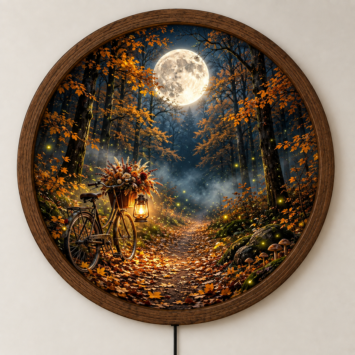 Autumn Forest Moon LED Wall Art, Bicycle Night Scene Round Lighted Wall Decor, Rustic Fall Woodland Home Decor