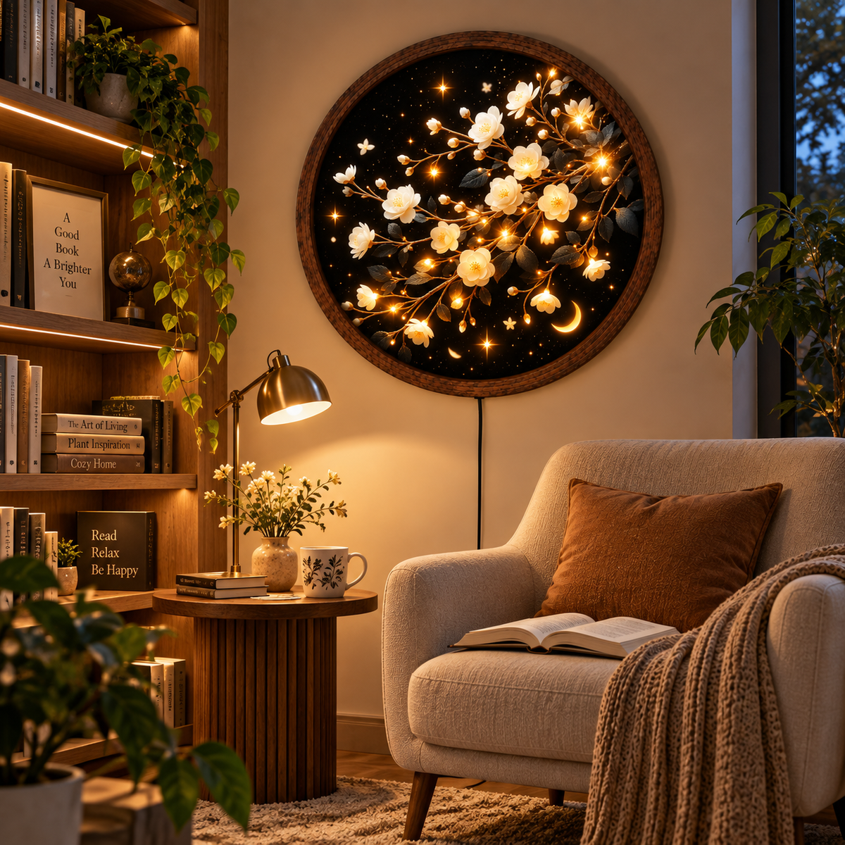 White Blossom LED Wall Art, Glowing Floral Branch Round Wall Decor, Crescent Moon Botanical Light, Celestial Flower Art