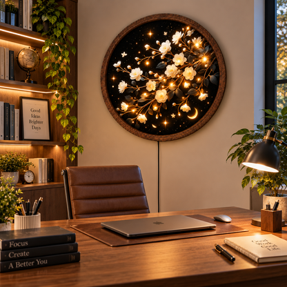 White Blossom LED Wall Art, Glowing Floral Branch Round Wall Decor, Crescent Moon Botanical Light, Celestial Flower Art