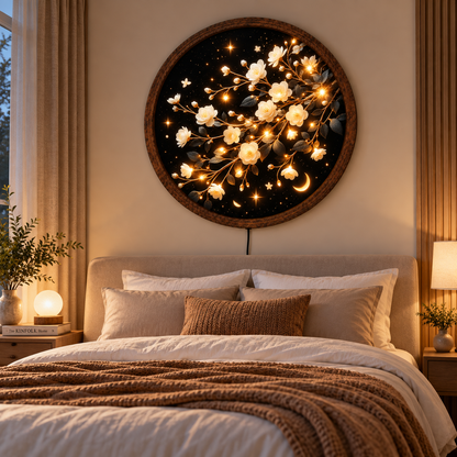 White Blossom LED Wall Art, Glowing Floral Branch Round Wall Decor, Crescent Moon Botanical Light, Celestial Flower Art