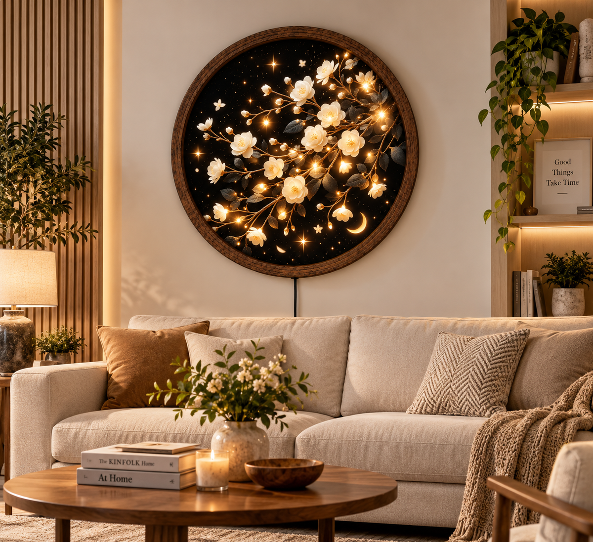 White Blossom LED Wall Art, Glowing Floral Branch Round Wall Decor, Crescent Moon Botanical Light, Celestial Flower Art
