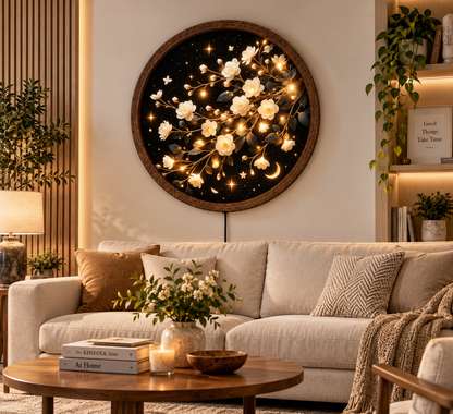 White Blossom LED Wall Art, Glowing Floral Branch Round Wall Decor, Crescent Moon Botanical Light, Celestial Flower Art