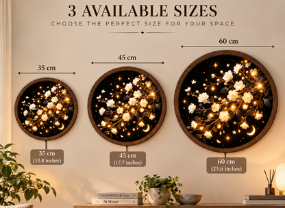 White Blossom LED Wall Art, Glowing Floral Branch Round Wall Decor, Crescent Moon Botanical Light, Celestial Flower Art