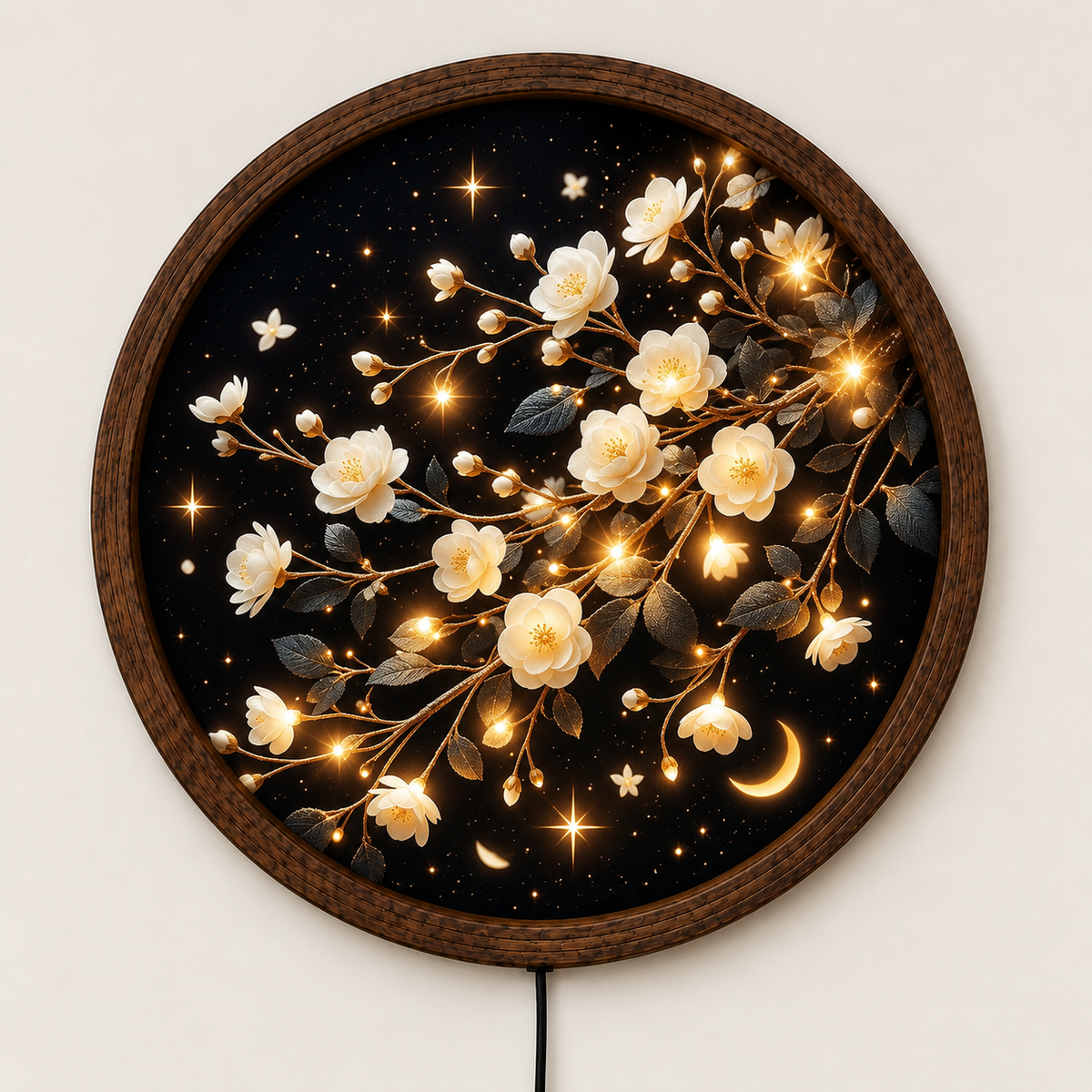 White Blossom LED Wall Art, Glowing Floral Branch Round Wall Decor, Crescent Moon Botanical Light, Celestial Flower Art