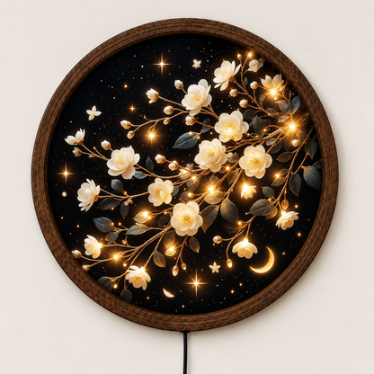 White Blossom LED Wall Art, Glowing Floral Branch Round Wall Decor, Crescent Moon Botanical Light, Celestial Flower Art