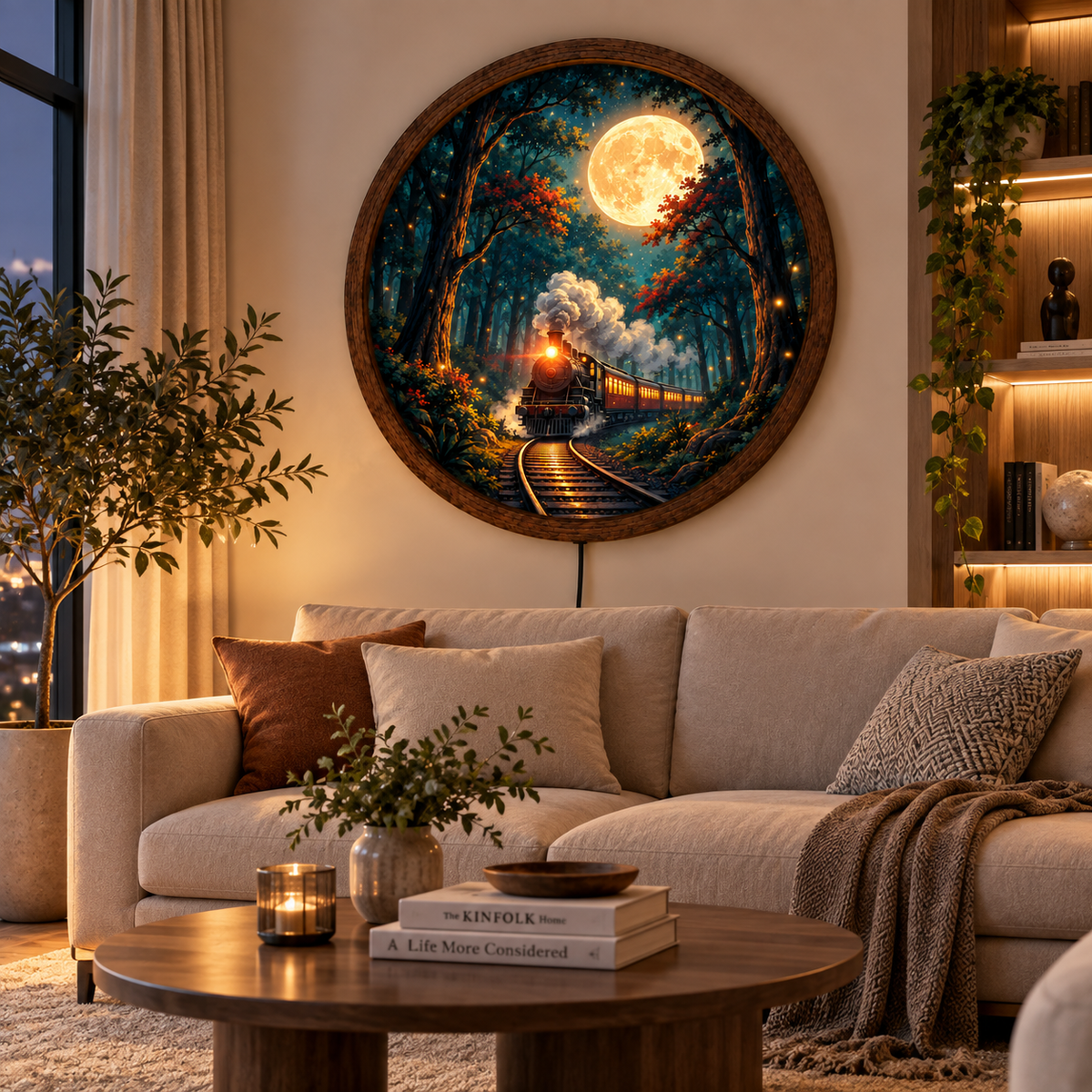 Moonlit Train LED Wall Art, Steam Train Forest Round Wall Decor, Full Moon Railway Light, Vintage Locomotive Art