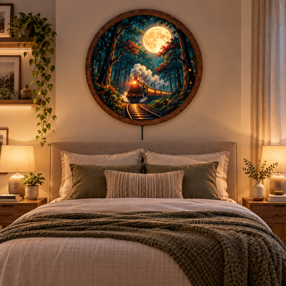 Moonlit Train LED Wall Art, Steam Train Forest Round Wall Decor, Full Moon Railway Light, Vintage Locomotive Art