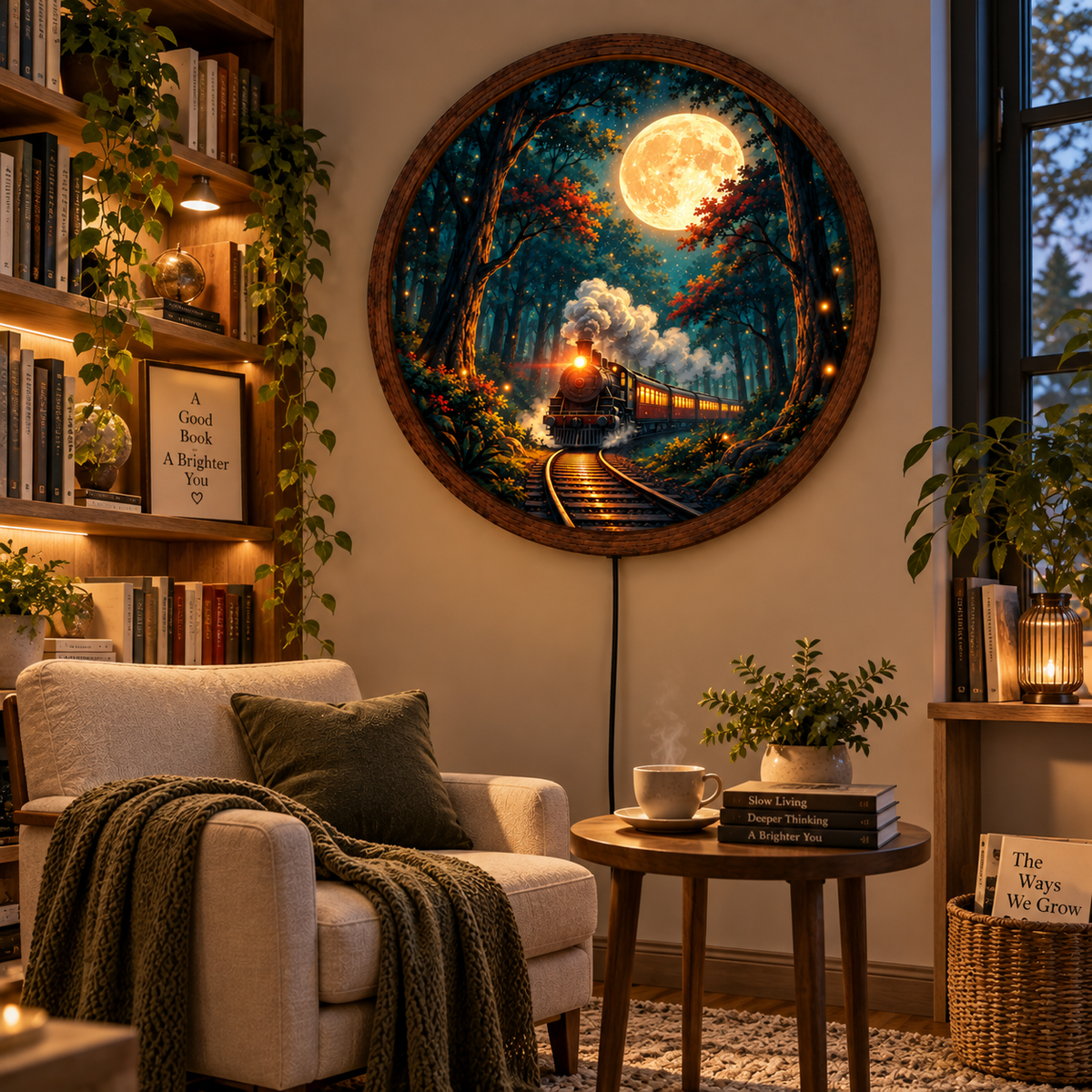 Moonlit Train LED Wall Art, Steam Train Forest Round Wall Decor, Full Moon Railway Light, Vintage Locomotive Art