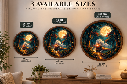 Moonlit Train LED Wall Art, Steam Train Forest Round Wall Decor, Full Moon Railway Light, Vintage Locomotive Art