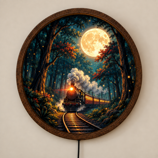 Moonlit Train LED Wall Art, Steam Train Forest Round Wall Decor, Full Moon Railway Light, Vintage Locomotive Art