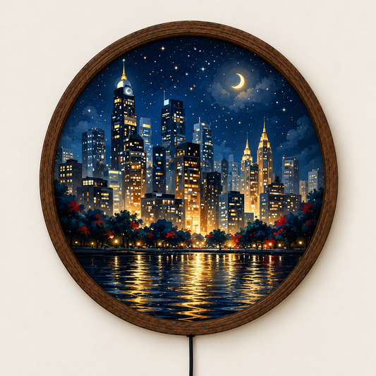 City Skyline LED Wall Art, Round Night Cityscape Light, Moon and Stars Wall Decor, Modern Urban Illuminated Wall Art