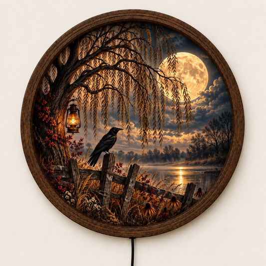 Moonlit Raven LED Wall Art, Round Willow Tree Night Light, Rustic Lake Landscape Wall Decor, Gothic Nature Home Decoration
