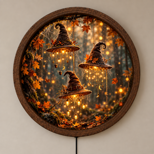 Halloween Witch Hat LED Wall Art, Autumn Forest Lighted Wall Decor, Magical Witchcore Round Wall Light, Spooky Fall Home Decor