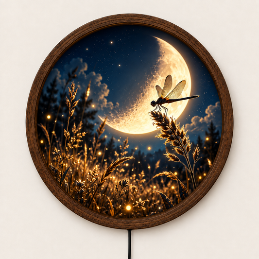 Dragonfly Moon LED Wall Art, Round Crescent Moon Night Light, Magical Meadow Wall Decor, Nature Inspired Bedroom Wall Art