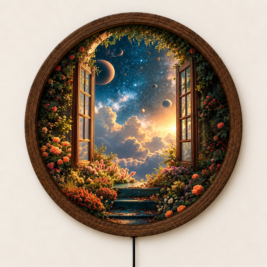 Fantasy Garden LED Wall Art, Celestial Window Round Wall Light, Floral Galaxy Space Decor, Dreamy Illuminated Home Decor