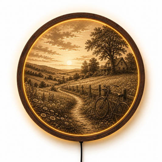 Vintage Countryside LED Wall Art, Rustic Farmhouse Decor, Round Landscape Light, Cottage Field Scene, Acrylic Wall Lamp