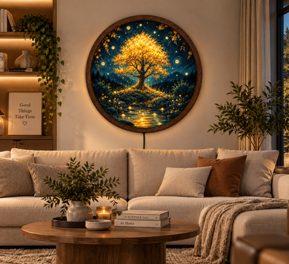Golden Tree of Life LED Wall Art, Enchanted Forest Round Lighted Decor, Glowing Nature Wall Art, Rustic Home Decor