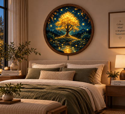 Golden Tree of Life LED Wall Art, Enchanted Forest Round Lighted Decor, Glowing Nature Wall Art, Rustic Home Decor