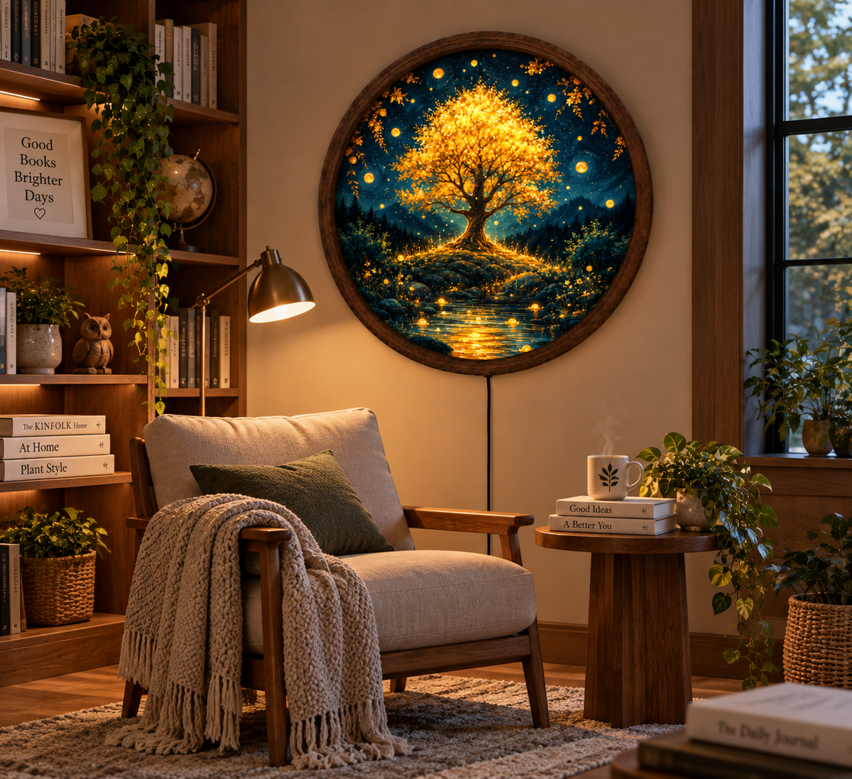 Golden Tree of Life LED Wall Art, Enchanted Forest Round Lighted Decor, Glowing Nature Wall Art, Rustic Home Decor