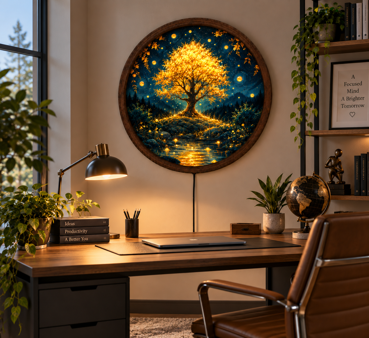 Golden Tree of Life LED Wall Art, Enchanted Forest Round Lighted Decor, Glowing Nature Wall Art, Rustic Home Decor