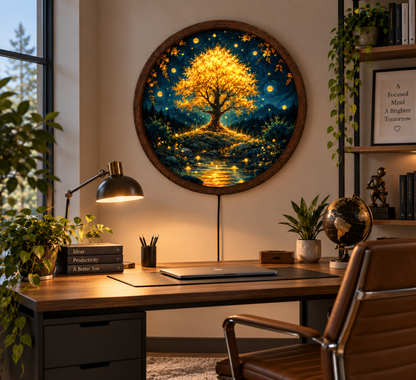 Golden Tree of Life LED Wall Art, Enchanted Forest Round Lighted Decor, Glowing Nature Wall Art, Rustic Home Decor