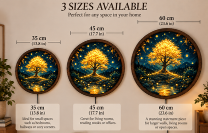 Golden Tree of Life LED Wall Art, Enchanted Forest Round Lighted Decor, Glowing Nature Wall Art, Rustic Home Decor