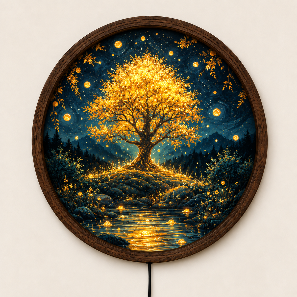Golden Tree of Life LED Wall Art, Enchanted Forest Round Lighted Decor, Glowing Nature Wall Art, Rustic Home Decor