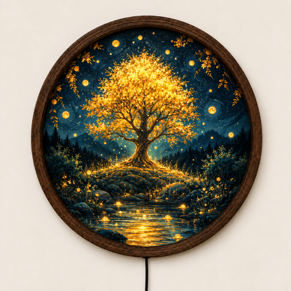 Golden Tree of Life LED Wall Art, Enchanted Forest Round Lighted Decor, Glowing Nature Wall Art, Rustic Home Decor